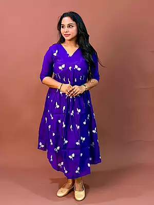 Celebrity Wear Luxury Chinon Silk Kurti | Ink Blue with White Embroidery