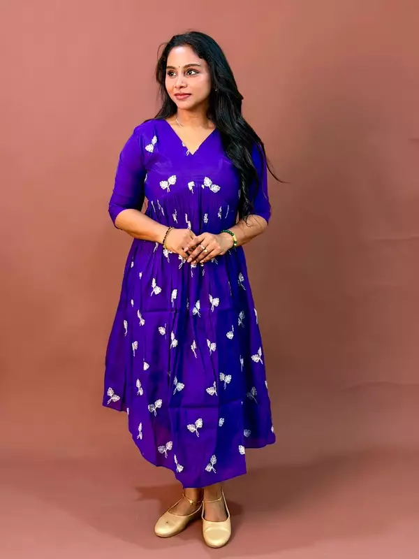 Celebrity Wear Luxury Chinon Silk Kurti | Ink Blue with White Embroidery