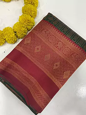 Semi Bridal Silk Saree – Dark Green with Rich Red Border | Traditional Wedding Wear Saree