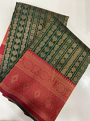 Semi Bridal Silk Saree – Dark Green with Rich Red Border | Traditional Wedding Wear Saree