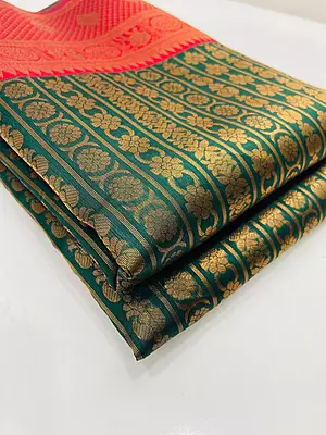 Semi Bridal Silk Saree – Dark Green with Rich Red Border | Traditional Wedding Wear Saree