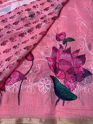 Blush Pink Linen Cotton Saree with Floral Print