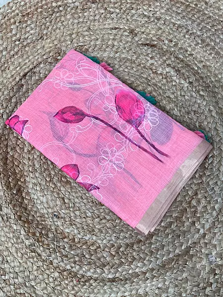 Blush Pink Linen Cotton Saree with Floral Print