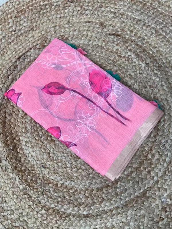 Blush Pink Linen Cotton Saree with Floral Print