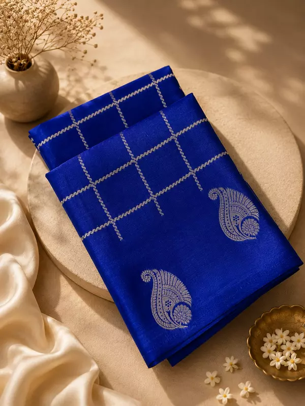 ? Royal Blue Soft Silk Saree with Elegant Check Pattern & Paisley Motifs ✨