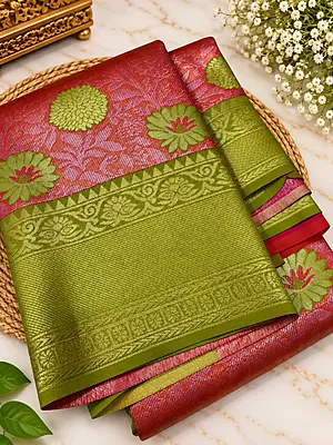 Semi Bridal Silk Saree – Rose Pink & Olive Green