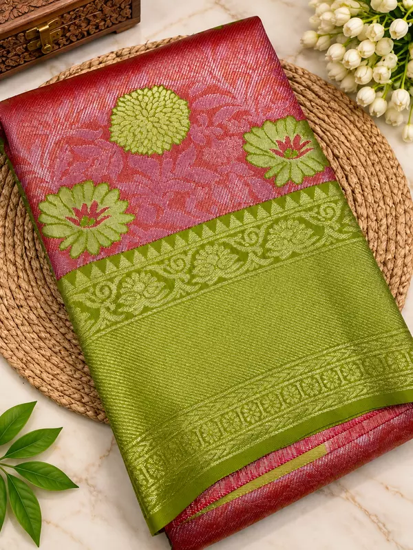 Semi Bridal Silk Saree – Rose Pink & Olive Green
