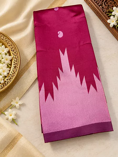 ✨ Elegant Semi Silk Saree in a beautiful wine-pink shade, featuring delicate paisley motifs and a stunning geometric zig-zag contrast design