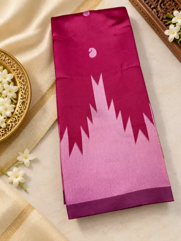 ✨ Elegant Semi Silk Saree in a beautiful wine-pink shade, featuring delicate paisley motifs and a stunning geometric zig-zag contrast design