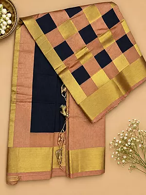 Beautiful blend of golden zari, copper-peach and deep navy checks raw silk saree