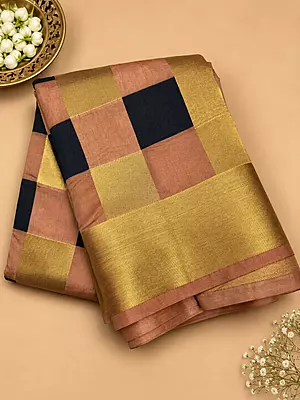 Beautiful blend of golden zari, copper-peach and deep navy checks raw silk saree