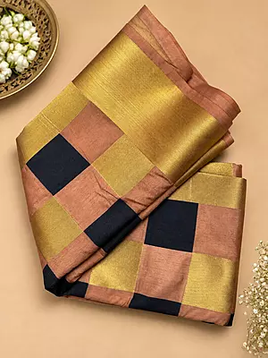 Beautiful blend of golden zari, copper-peach and deep navy checks raw silk saree