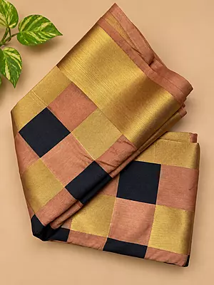 Beautiful blend of golden zari, copper-peach and deep navy checks raw silk saree