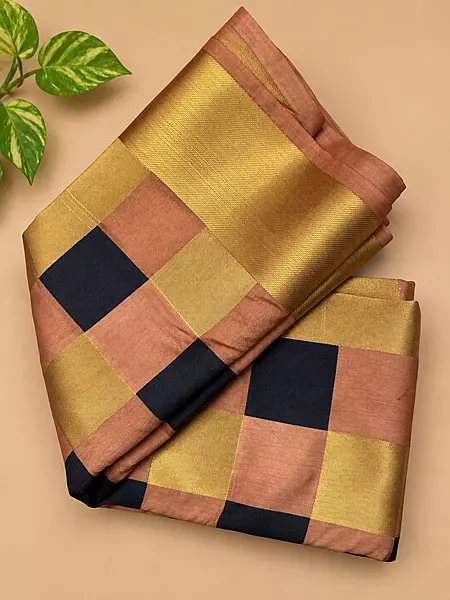 Beautiful blend of golden zari, copper-peach and deep navy checks raw silk saree