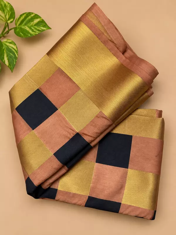 Beautiful blend of golden zari, copper-peach and deep navy checks raw silk saree