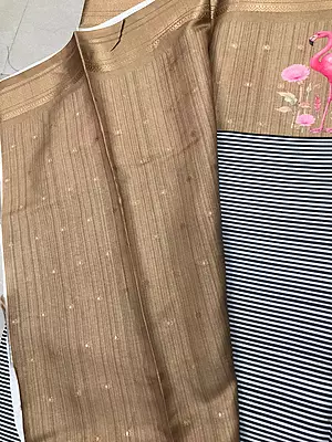 Elegant navy blue and white striped body and golden-brown pallu with floral flamingo prints tussar silk saree