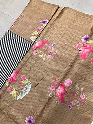 Elegant navy blue and white striped body and golden-brown pallu with floral flamingo prints tussar silk saree