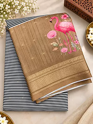 Elegant navy blue and white striped body and golden-brown pallu with floral flamingo prints tussar silk saree
