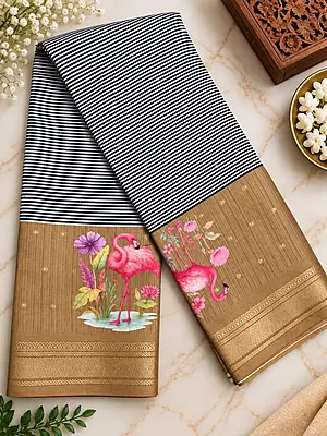 Elegant navy blue and white striped body and golden-brown pallu with floral flamingo prints tussar silk saree
