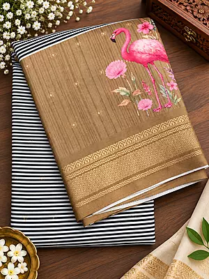 Elegant navy blue and white striped body and golden-brown pallu with floral flamingo prints tussar silk saree