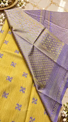 Elegant Golden Yellow Semi-Silk Saree with lavender butta motifs