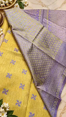 Elegant Golden Yellow Semi-Silk Saree with lavender butta motifs