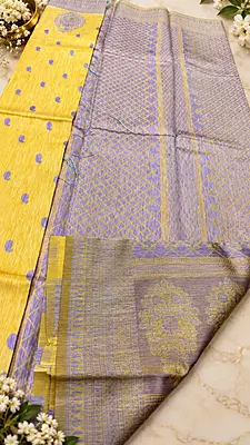 Elegant Golden Yellow Semi-Silk Saree with lavender butta motifs