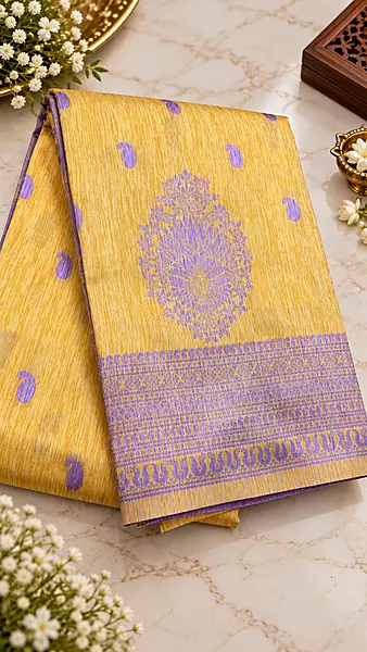 Elegant Golden Yellow Semi-Silk Saree with lavender butta motifs