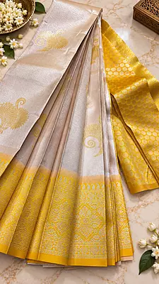 Gorgeous ivory-white body with delicate golden peacock motifs with Rich mustard-gold zari border with intricate traditional designs
