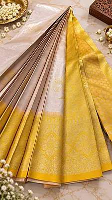Gorgeous ivory-white body with delicate golden peacock motifs with Rich mustard-gold zari border with intricate traditional designs