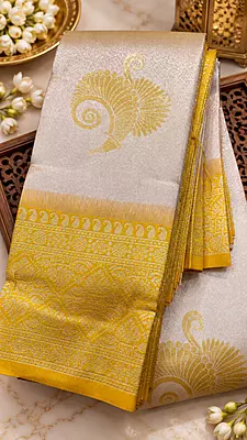 Gorgeous ivory-white body with delicate golden peacock motifs with Rich mustard-gold zari border with intricate traditional designs