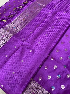 Beautiful Purple Mashru Silk Saree! ? Featuring a rich purple body adorned with delicate multicolour butti motifs