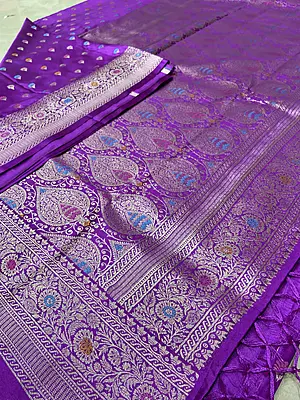 Beautiful Purple Mashru Silk Saree! ? Featuring a rich purple body adorned with delicate multicolour butti motifs