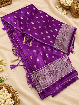 Beautiful Purple Mashru Silk Saree! ? Featuring a rich purple body adorned with delicate multicolour butti motifs
