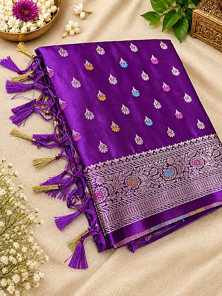 Beautiful Purple Mashru Silk Saree! ? Featuring a rich purple body adorned with delicate multicolour butti motifs