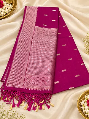 Fall in love with this gorgeous Mango Silk Saree, featuring a rich magenta shade with beautiful golden zari detailing