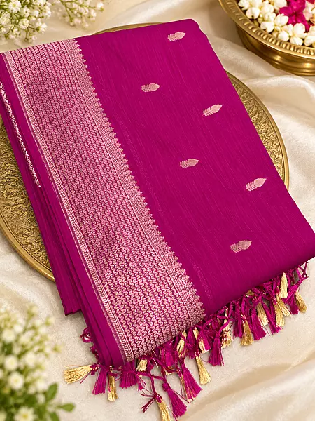 Fall in love with this gorgeous Mango Silk Saree, featuring a rich magenta shade with beautiful golden zari detailing