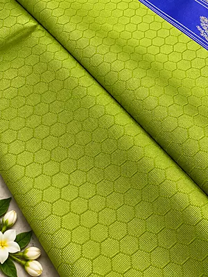 A beautiful Parrot Green Semi Soft Silk Saree featuring an elegant all-over hexagonal geometric jacquard pattern that gives the fabric a rich, textured appearance.
