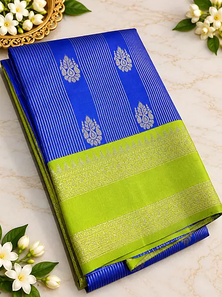 A beautiful Parrot Green Semi Soft Silk Saree featuring an elegant all-over hexagonal geometric jacquard pattern that gives the fabric a rich, textured appearance.