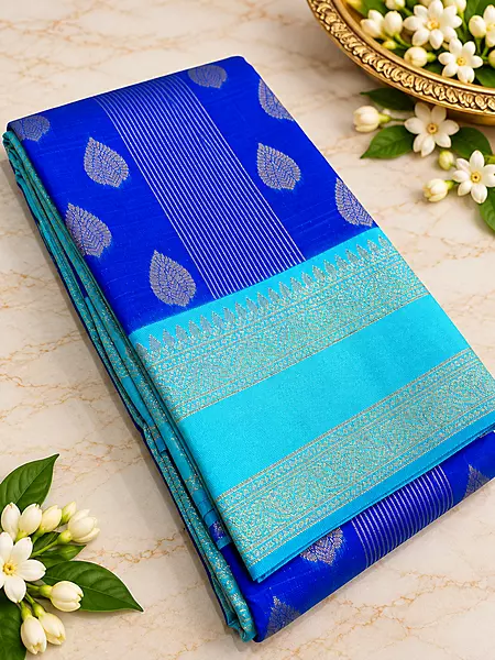 A gorgeous Turquoise Blue Semi Soft Silk Saree featuring an elegant all-over geometric jacquard weave that adds a subtle, luxurious texture to the fabric.