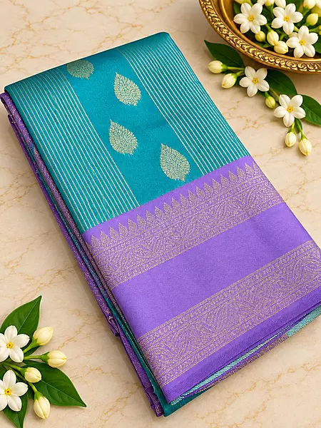 A graceful Lavender Purple Semi Soft Silk Saree featuring a delicate all-over geometric zari weave that creates a rich, textured look with a beautiful subtle sheen.