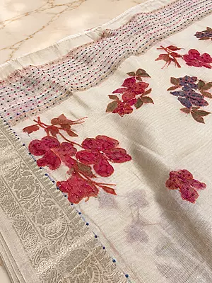 ? Ivory Floral Embroidery Saree
A graceful ivory saree featuring delicate multicoloured floral embroidery, beautifully highlighted with pink, magenta, mauve and purple floral motifs.