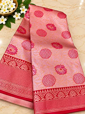 gorgeous coral pink silk saree featuring elegant floral motifs beautifully woven across the body
