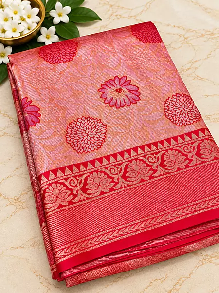 gorgeous coral pink silk saree featuring elegant floral motifs beautifully woven across the body