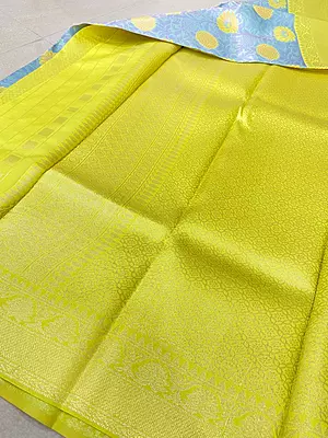 ?? Turquoise Blue & Lime Green Silk Saree
A vibrant turquoise blue silk saree beautifully adorned with golden floral motifs and subtle woven foliage patterns.