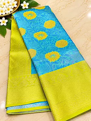 ?? Turquoise Blue & Lime Green Silk Saree
A vibrant turquoise blue silk saree beautifully adorned with golden floral motifs and subtle woven foliage patterns.
