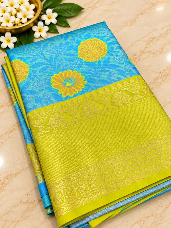 ?? Turquoise Blue & Lime Green Silk Saree
A vibrant turquoise blue silk saree beautifully adorned with golden floral motifs and subtle woven foliage patterns.
