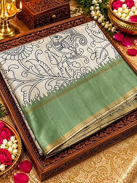 A graceful sage green silk saree featuring a beautiful textured weave with subtle golden zari detailing. The delicate gold-striped pattern adds an elegant shimmer and sophisticated appeal.