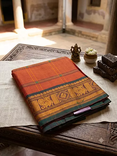 This elegant handloom saree features a vibrant rusty-orange body adorned with traditional grid lines and delicate floral motifs throughout