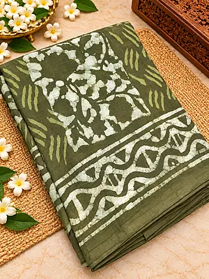 A beautiful olive green saree featuring elegant hand-block inspired prints in soft lime and ivory tones.